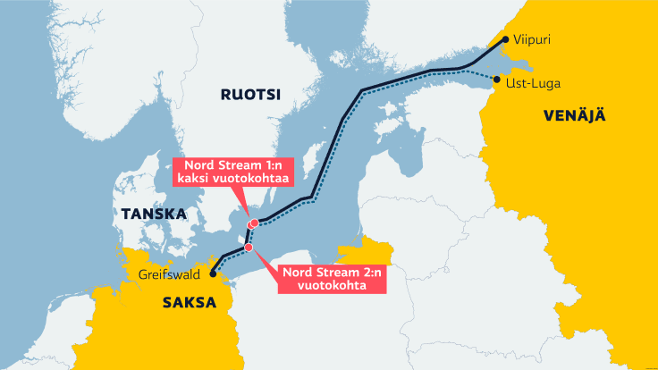 Nord Stream kaasuputkien vuotokohdat.