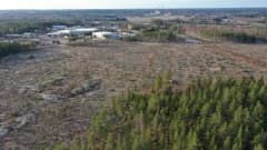 avohakattu metsä ylhäältä nähtynä, taustalla näkyy teollisuusalueen rakennuksia.