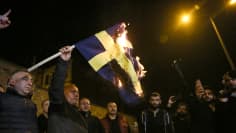 Demonstrators in Istanbul burn the Swedish flag. 