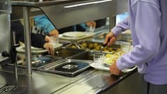Hirvelän koulun oppilaat ottamassa kouluruokaa lautaselle ruokalinjastolla.