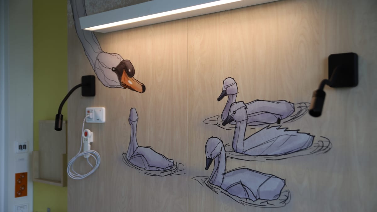 Joutsenperhe kuvana sairaalan seinässä