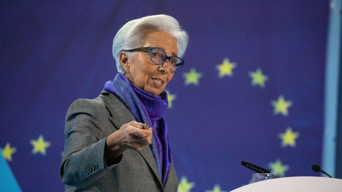 Lyhythiuksinen harmaantunut hoikka nainen osoittaa kädellään EU:n tähtilipun edessä. Hänellä on sininen silkkihuivi ja harmaa puku.