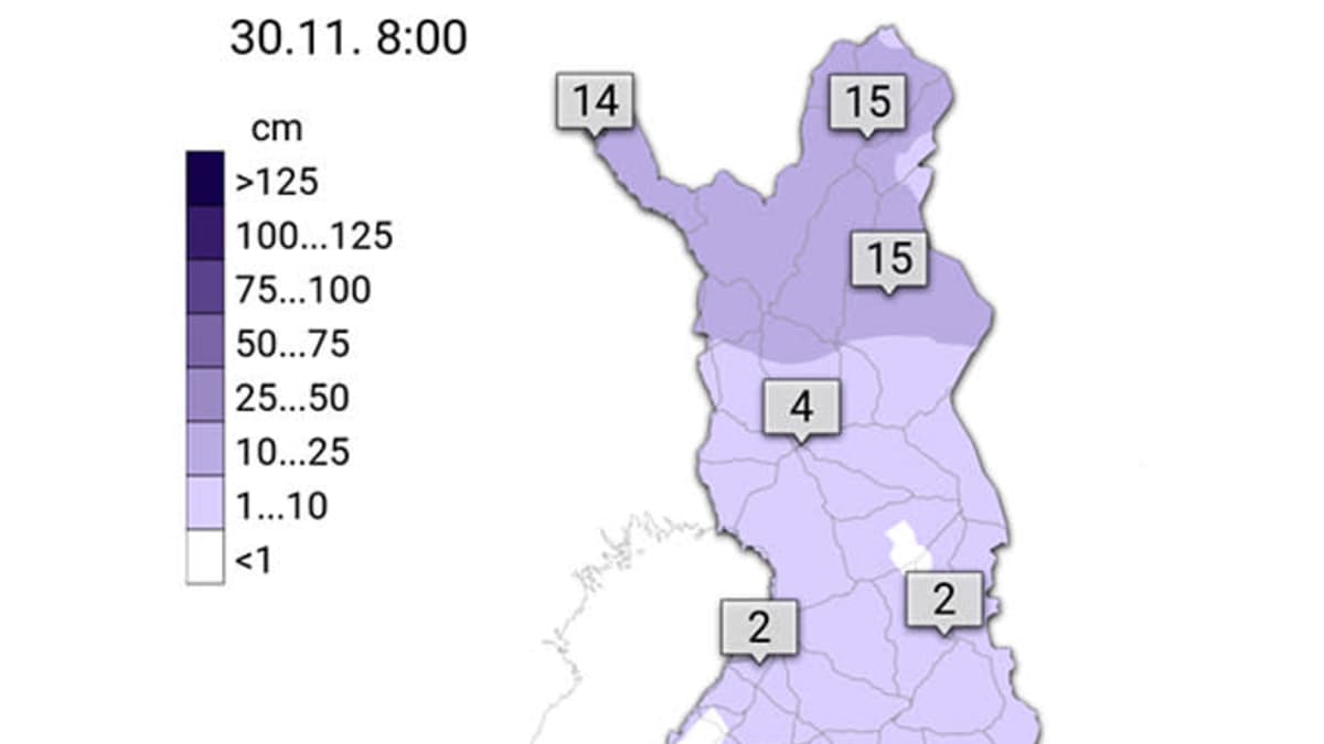 Ilmatieteen laitoksen grafiikka lumen senttimääristä Suomessa.