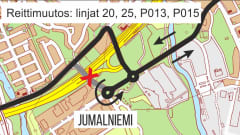 Kartta, jossa lukee Jumalniemi, ja mustalla merkattu reitti kulkee kirtotietä.