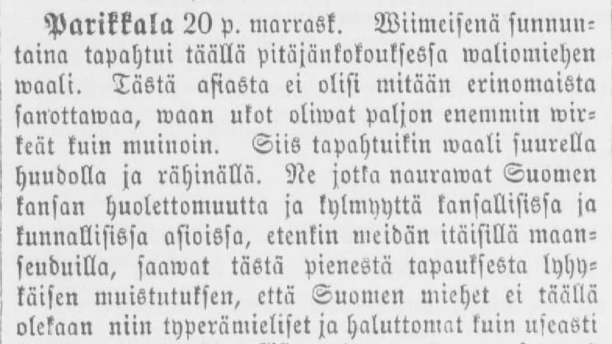 Leike Suometar-lehdestä jossa kerrotaan valiomihen vaalista Parikkalassa 1866.