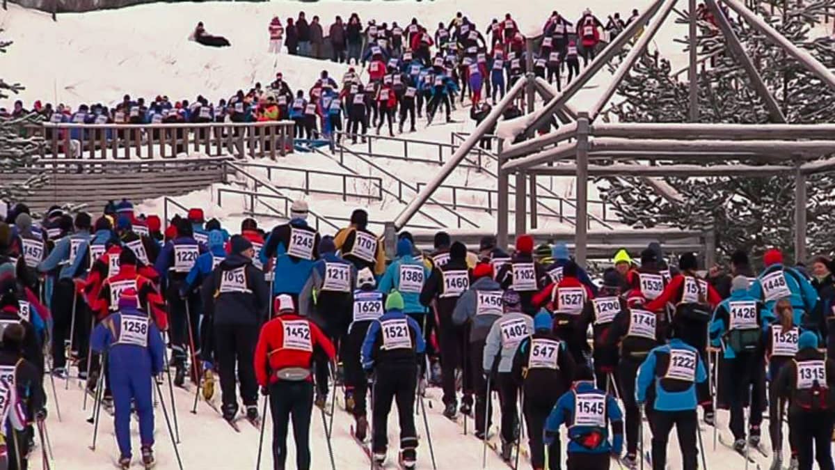 Paljon hiihtäjiä kilpailunumerot selässä.