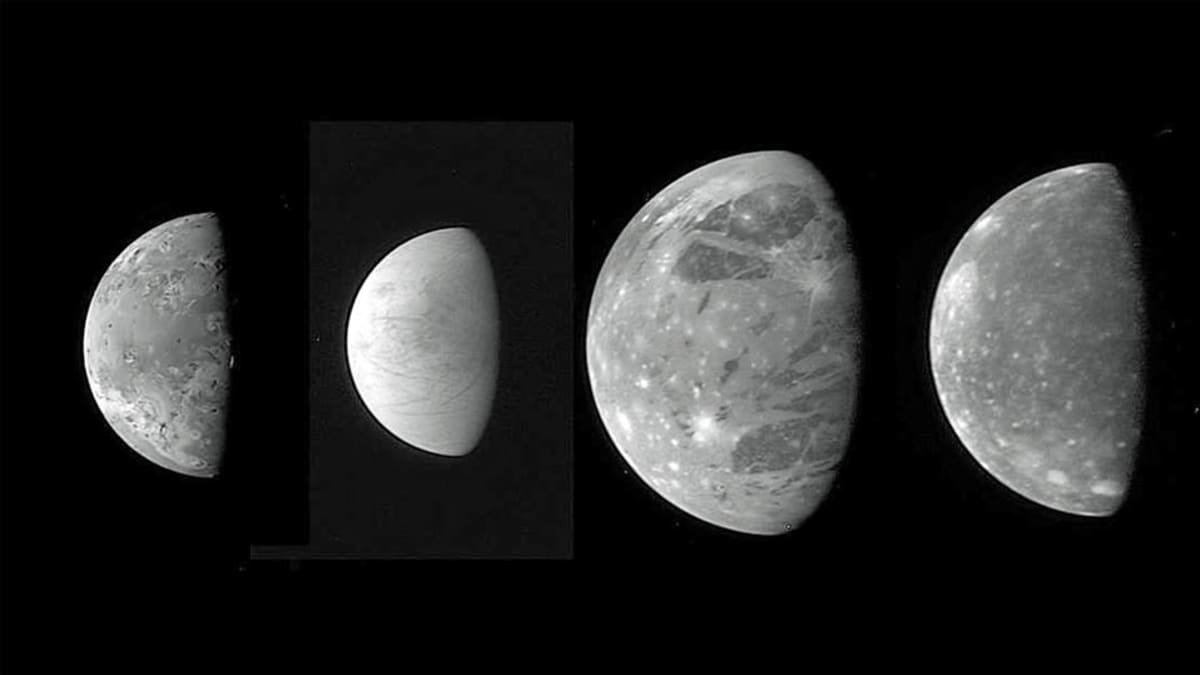 Jupiterin neljä niin sanottua Galilein kuuta luotaimen kuvaamina, kuvankäsittelyssä riviin järjestettyinä. 