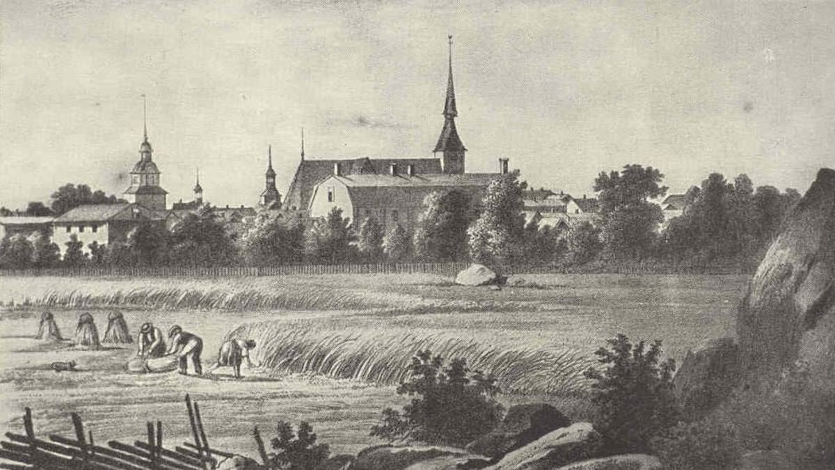 Vy över staden Vasa från nordost, före branden 1852. En litografi av Johan Knutson, 1840-tal.