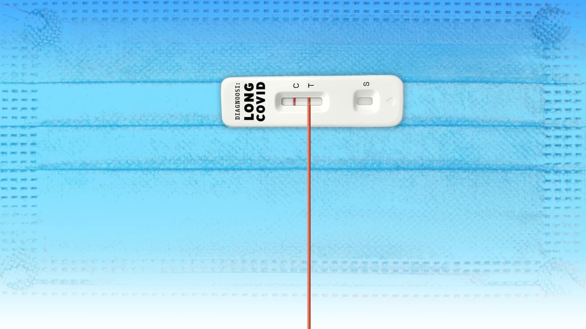 Grafiikkakuva, jossa sinisellä maskitaustalla valkoinen koronatesti. Testin toinen viiva on pitkä ja ulottuu kuvan alareunaan saakka. Testissä lukee “Diagnoosi: long covid”.
