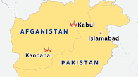 Afganistanin ja Pakistanin kartat, joissa näkyvät Kabul ja Kandahar.
