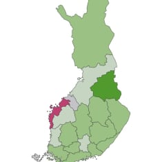 Kartta rotovirusrokotteen kattavuudesta Suomen maakunnissa.