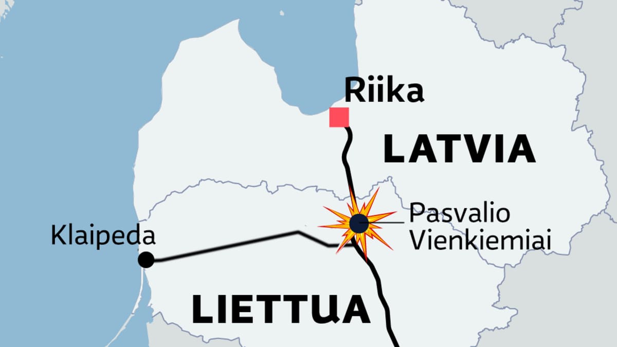 Kartalla Liettuan ja Latvian välillä kulkevassa kaasuputkessa tapahtuneen räjähdyksen sijainti.