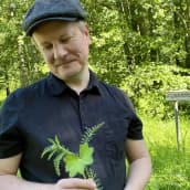 Yrttiopas Jyrki Pirkkalaisen kädessä on kaksi kasvia: siankärsämö ja poimulehti.