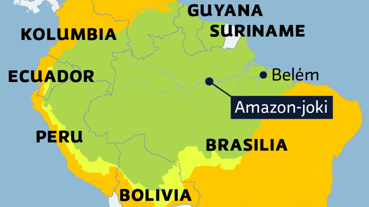 A floresta amazônica na América do Sul marcada no mapa.