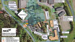Karttakuva, jossa näkyy Kaarinan kampuksen rakennussuunnitelmaa. Karttaan on piiretty taloja ja parkkipaikkoja. 