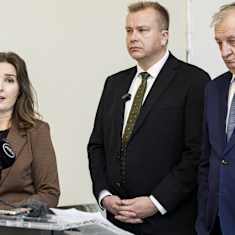 Photo shows Centre Party MP Eeva Kalli, Centre Party leader Antti Kaikkonen and Harry Harkimo of Movement Now.