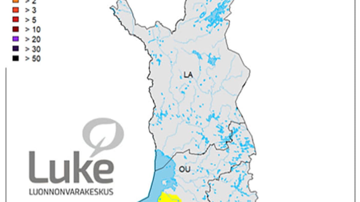 Karttakuva, jossa näytetty valkohäntäpeuran levinneisyys Suomessa. Etelä- Suomessa kanta on vahvin, ja on vahva aina Keski-Suomeen asti.