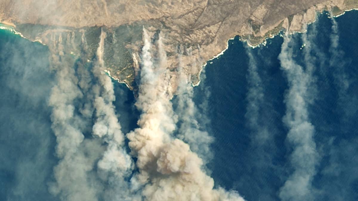 Avaruudesta otettu valokuva, jossa näkyy maasta kohoavia savupatsaita.