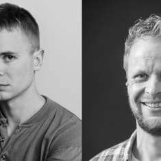kuva on jaettu kahteen osaan: oikealla Joni Kuokkanen ja vasemmalla Hannes Mikkelsson