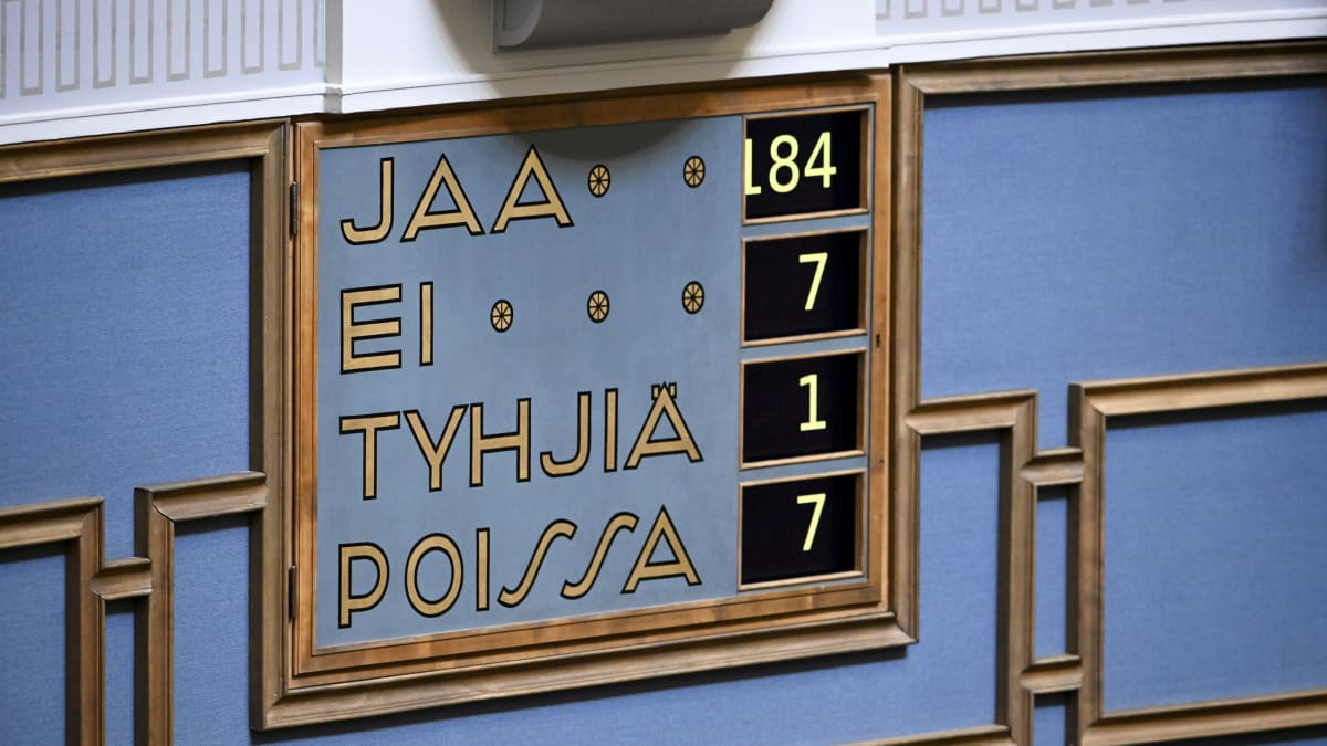 Äänestystulos Natoon liittymisen puolesta eduskunnan täysistunnossa.