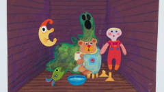 Kylmettynyt nalle lämmittelee ympärillään Pikku Kakkosen hahmot. Animaatiotausta Camilla Mickwitzin animaationelokuvaan Heikot jäät, 1986.