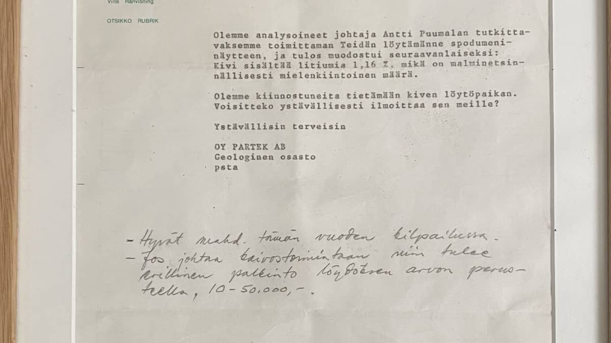 Kuvassa vanha kirje, jonka ARvo Puumala on saanut lähettämästään malminäytteestä.