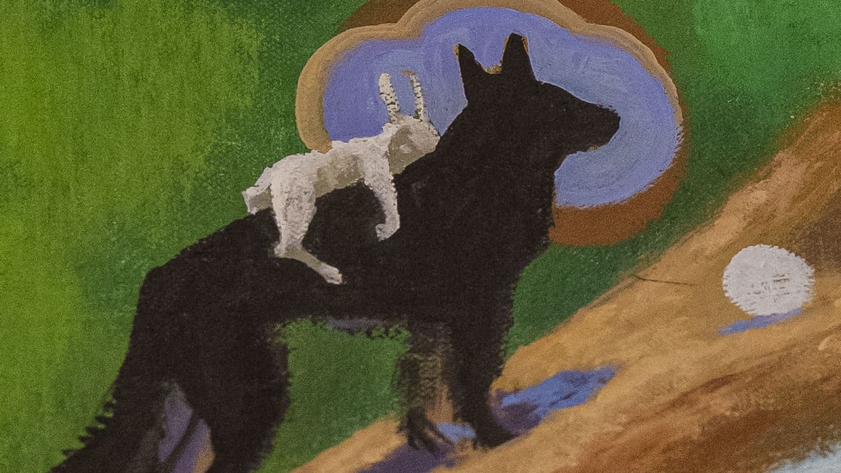 Yksityiskohta Samuli Heimosen taidemaalauksesta: Susi kantaa jänistä