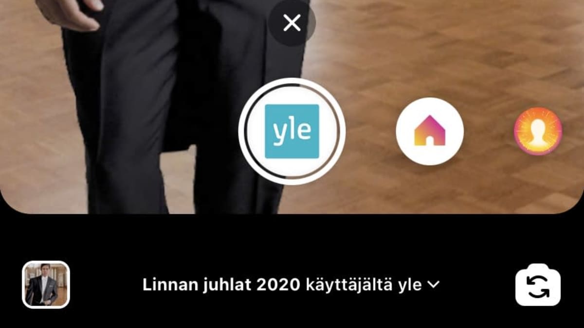 Instagramin kuvanlisäysnäkymä, jossa on valittuna Ylen Linnan juhlat 2020 -kameratehoste.