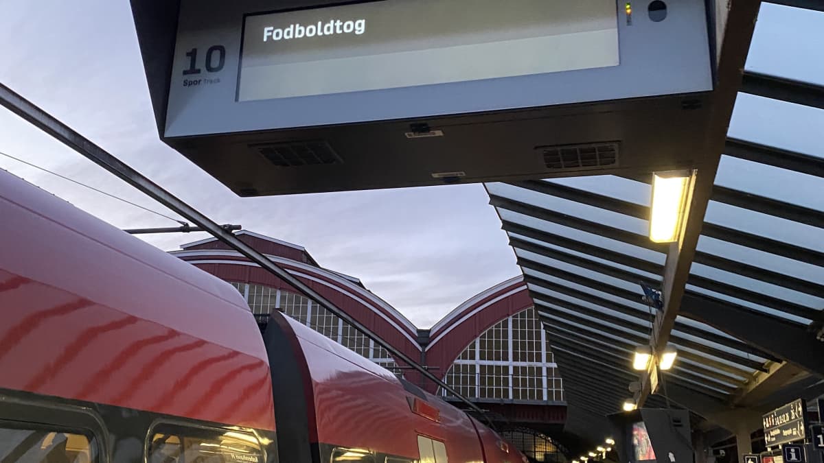 Faneja menossa junaan Kööpenhaminassa ennen Tanska-ottelua 23.3.2023.