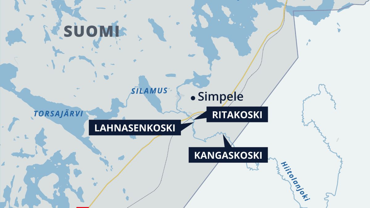 Kartta, johon merkitty Hiitolanjoella sijaitsevat kolme voimalaitosta Lahnasenkoski, Ritakoski ja Kangaskoski.