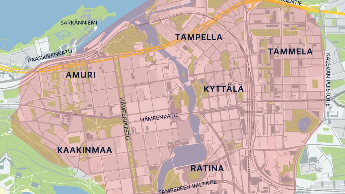 Tampereen karttakuvaa, johon on merkattu punaisella ilotulitteiden käyttökieltoalue vuonna 2022.