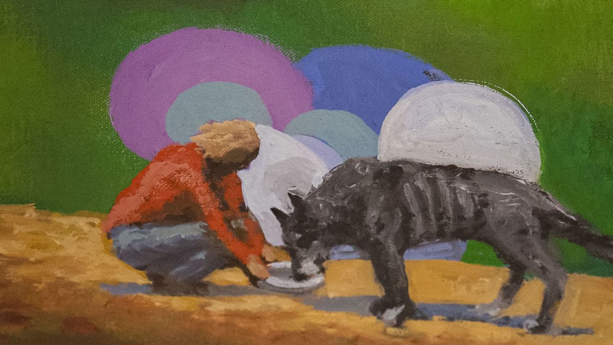 Yksityiskohta Samuli Heimosen taidemaalauksesta: Ihminen ruokkii nälkäistä koiraa tai sutta