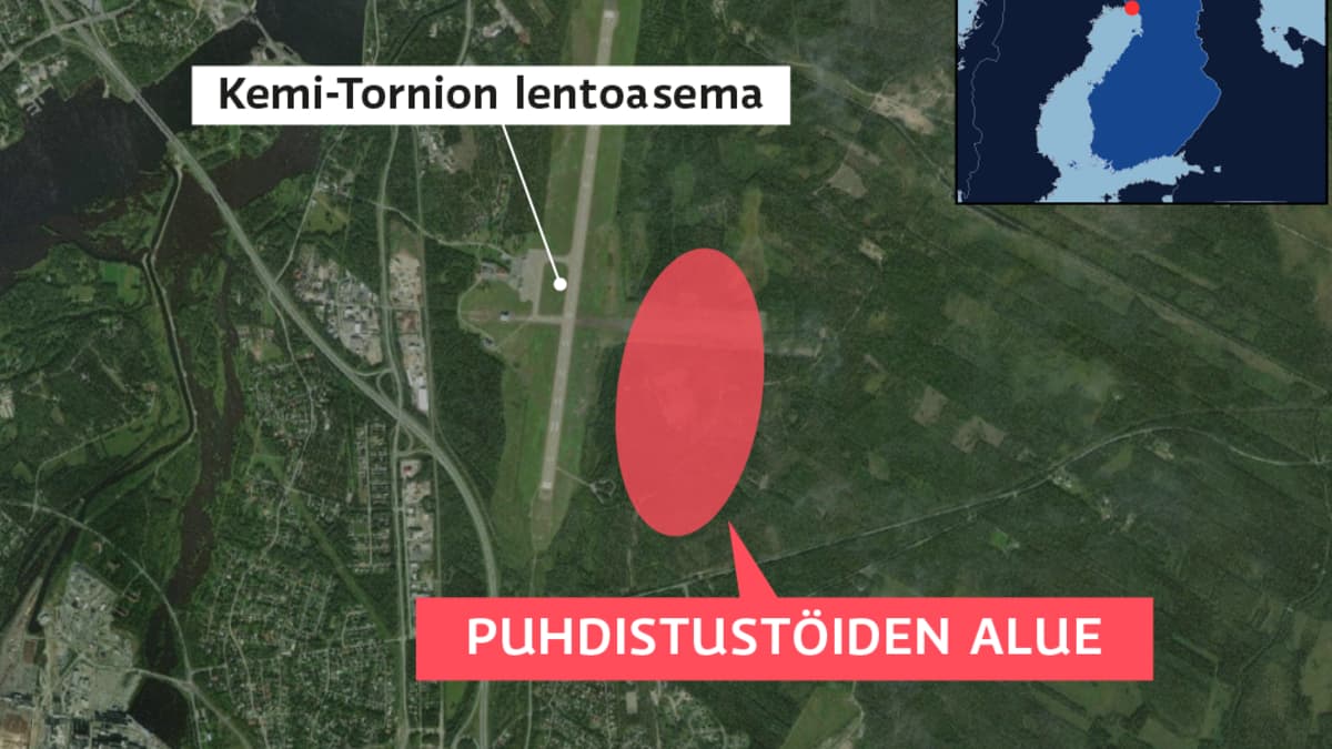 Satelliittikuvassa alue jolta puolustusvoimat puhdistaa maa-alueita Kemi-Tornion lentokentän lähellä.