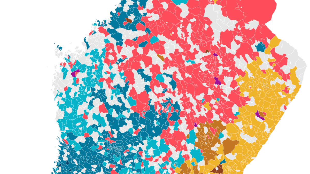 Suomen kartalle laitettuna minä-sanan eri murremuodot postialueiden tarkkuudella. Yli 60-vuotiaiden vastausvaihtoehto.