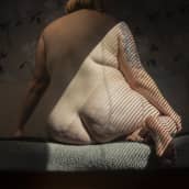 Nainen istumassa alastomana takaapäin kuvattuna. Perse, peilikuvia -kirjan kuvitusta. 