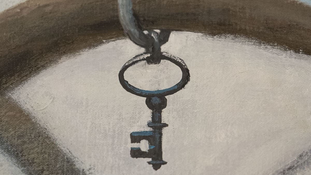 Yksityiskohta Samuli Heimosen taidemaalauksesta: Oksalla roikkuva avain