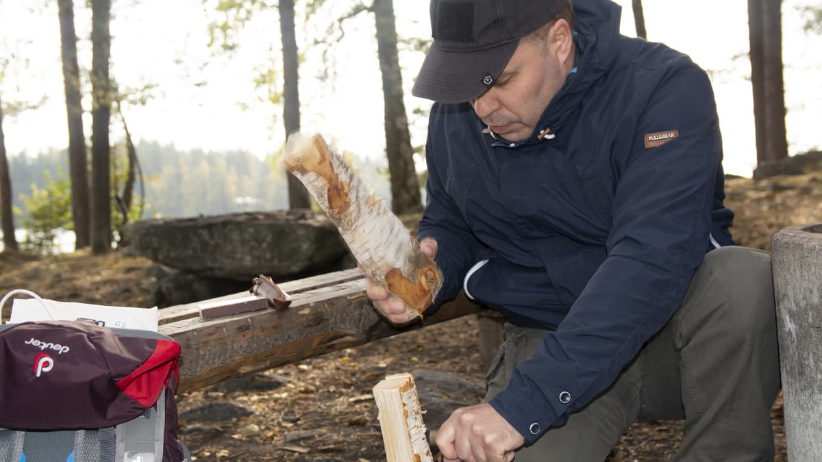Heidi Koivusen mies Rauno pilkkoo puita