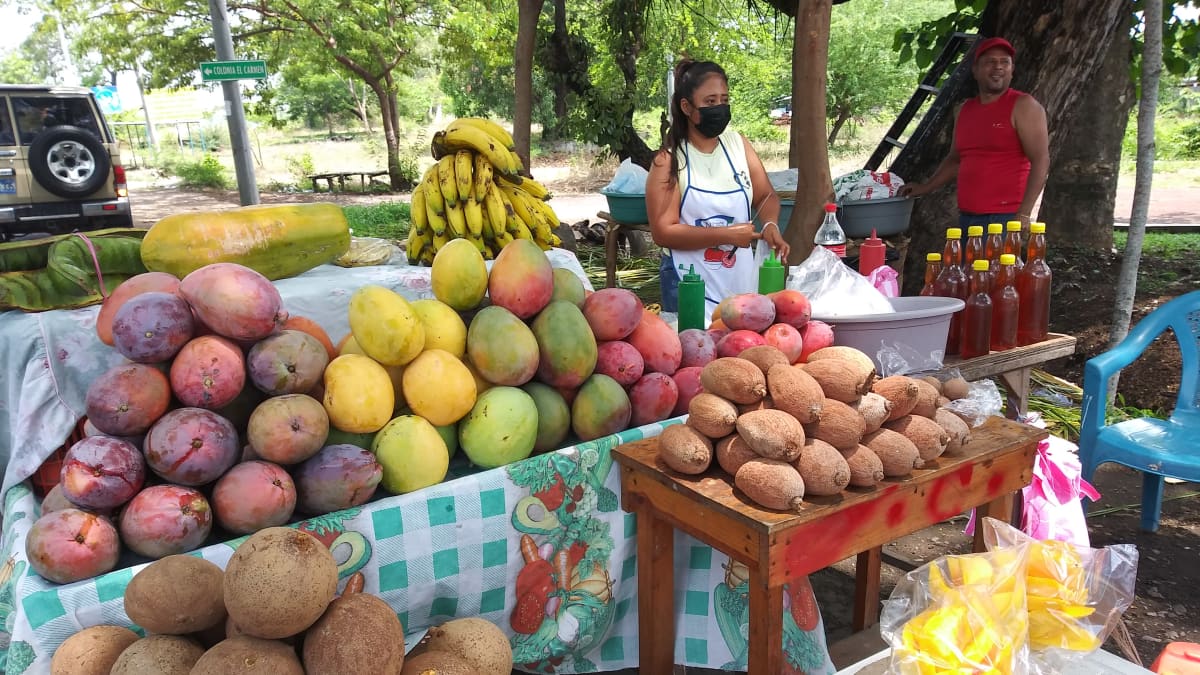 Pinoiksi aseteltuja erilaisia hedelmiä myytävänä tienvarsikojussa.