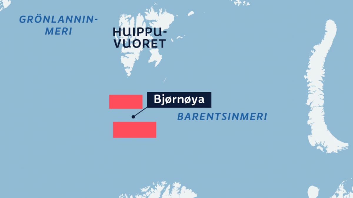 Karttaan on merkitty punaisella Venäjän vaatimat harjoitusalueet Bjørnøyan ala- ja yläpuolella.