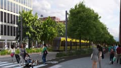 Havainnekuva Turun raitiotiehankkeesta Herttuankulman asuinalueen kohdalla.
