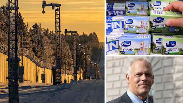 Kolmen kuvan kombo jossa itärajan aitaa talvisessa auringonlaskussa, Valion tuotteita  venäjällä ja tutkija Iikka Korhonen.