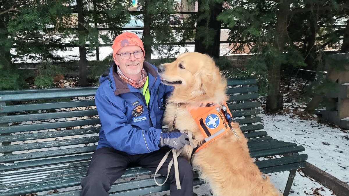 Mies ja koira, jolla on oranssi liivi, jossa lukee Pelastuskoira.