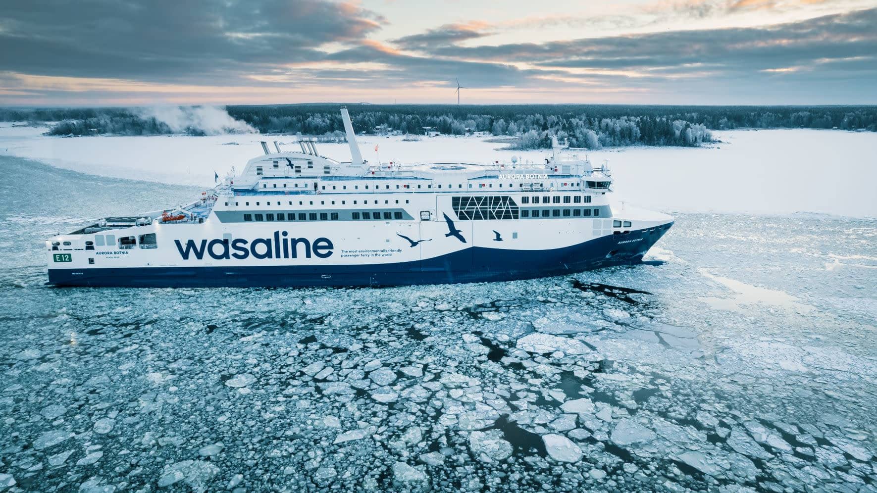 Wasalines fartyg Aurora Botnia kör genom isflak. 