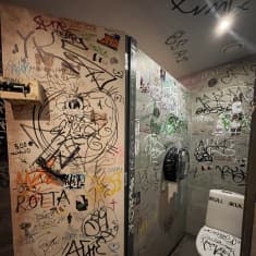Vessa, jonka seinät ja ovi on piirrelty täyteen tekstiä ja kuvia. 