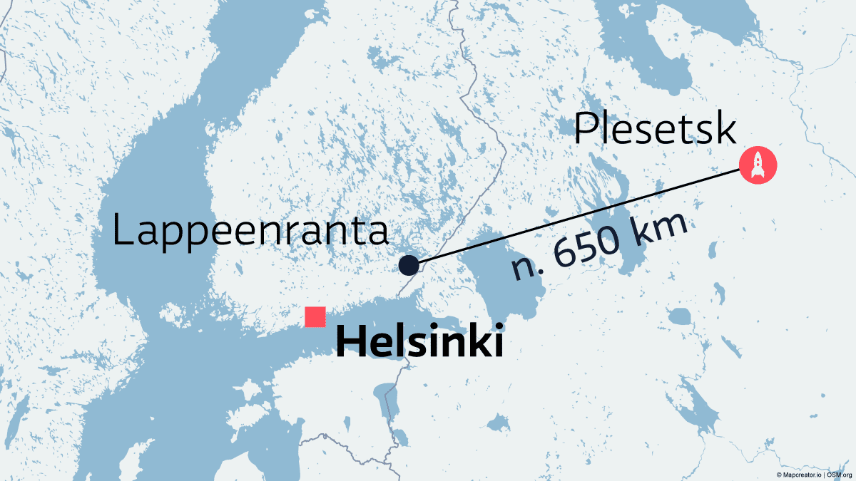 Kartta näyttää, kuinka kaukana Plesetskin kosmodromi on Suomesta.