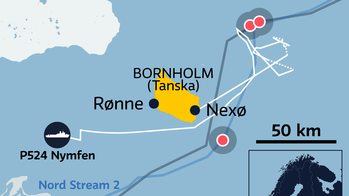 Kartalla Nordstream kaasuputkien räjähdyspaikat ja Nymfen-aluksen reitti.