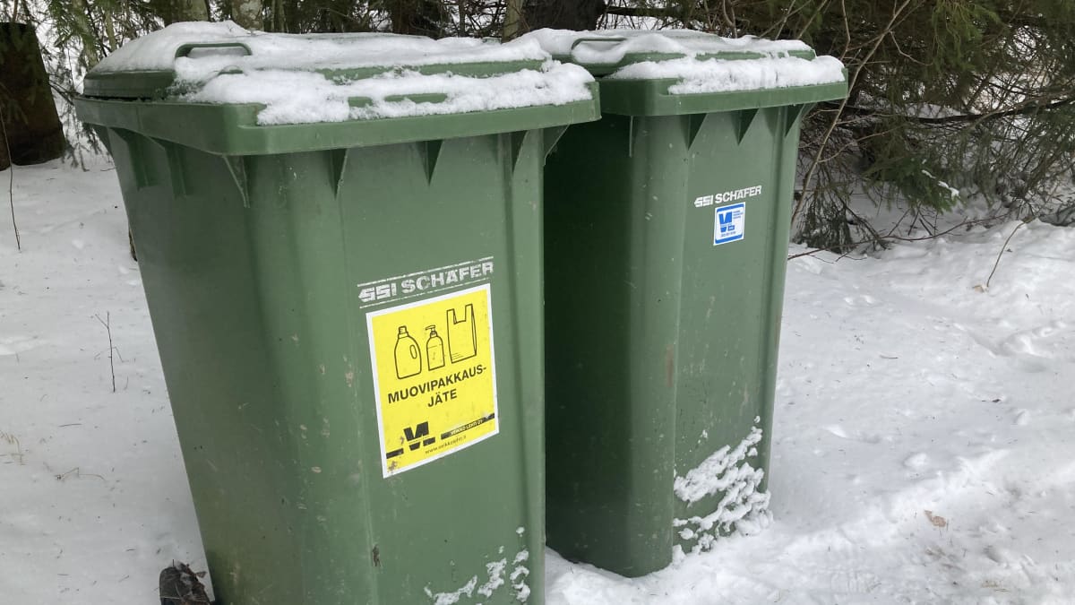 Omakotitalon lumisessa pihassa vierekkäin kaksi isoa jäteastiaa.