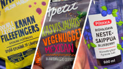 Kolme kuvaa kielisekamelskasta kaupan tuotteissa. 