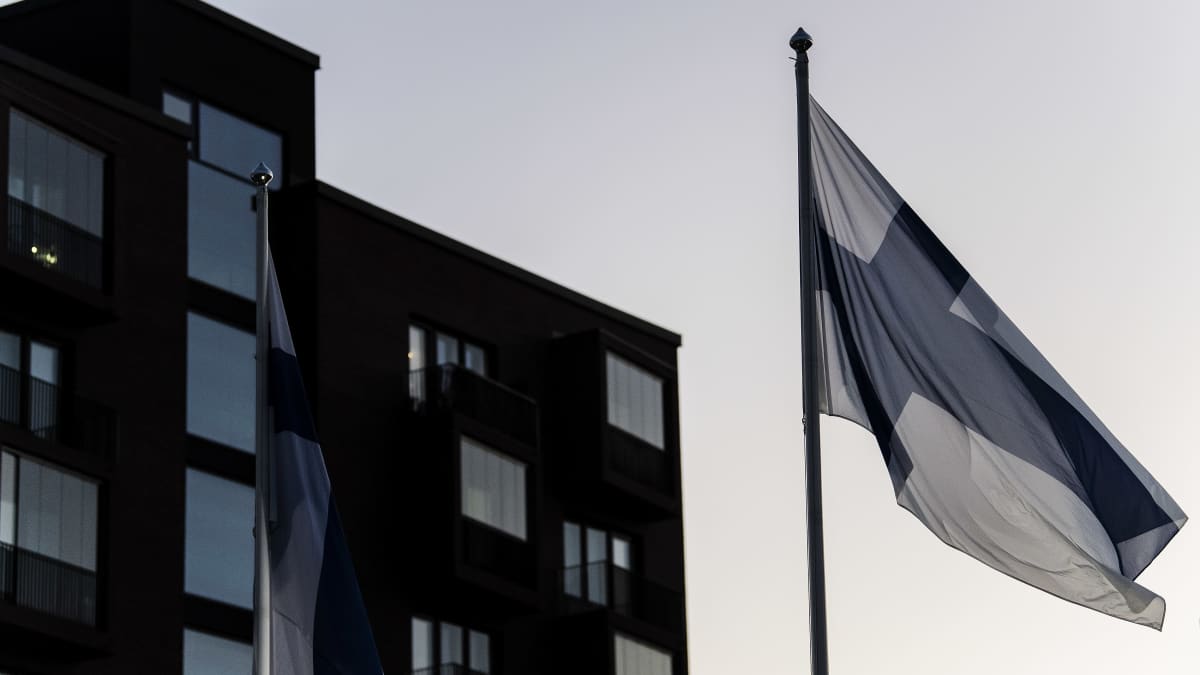 Suomen lippu liehuu Helsingissä joulukuussa 2020.