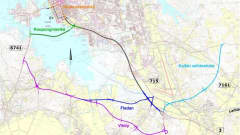 Kartta, jossa reittivaihtoehtoja satamatielle Vaasassa.